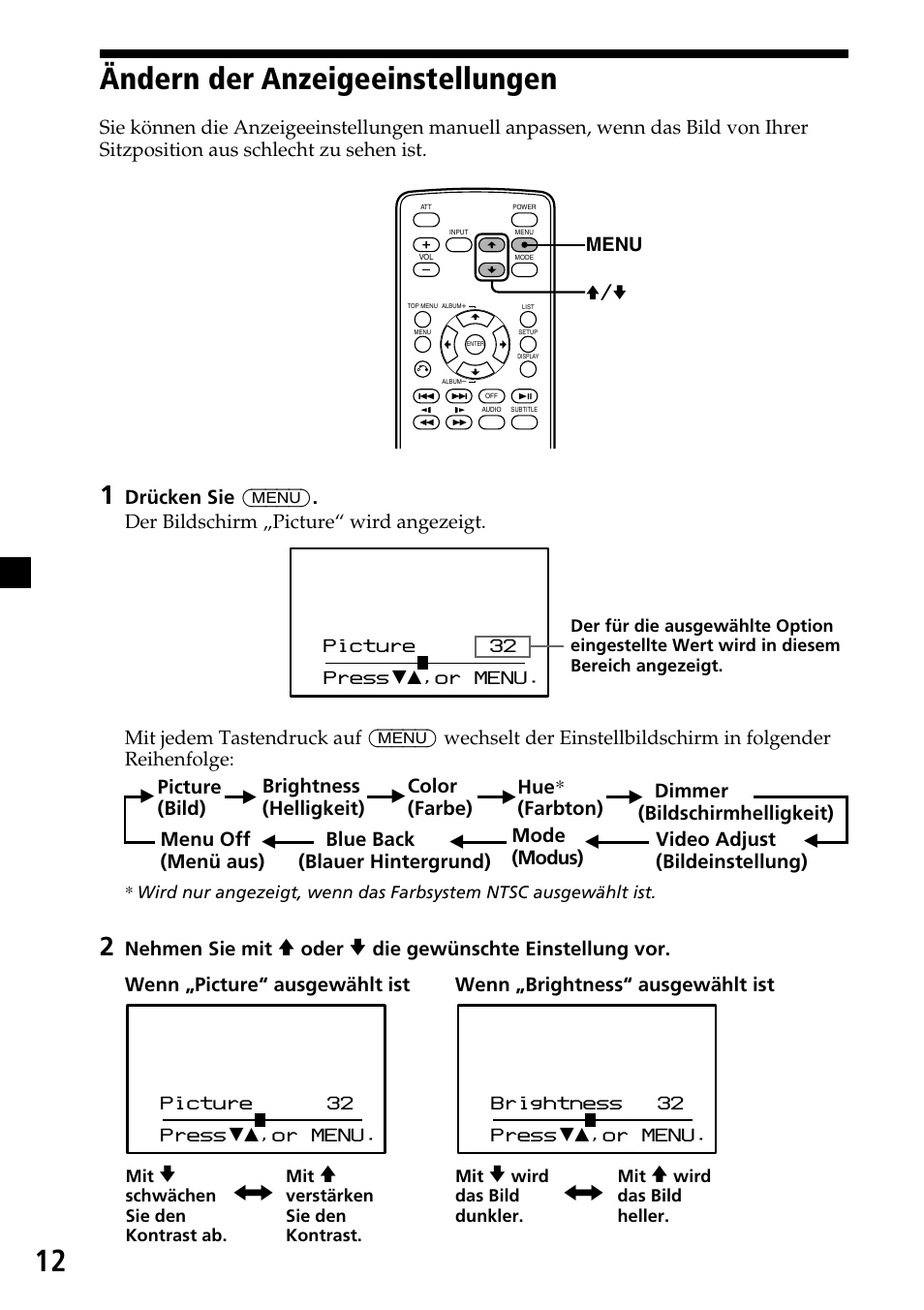 Ändern der anzeigeeinstellungen | Sony XVM-H65 User Manual | Page 32 / 104