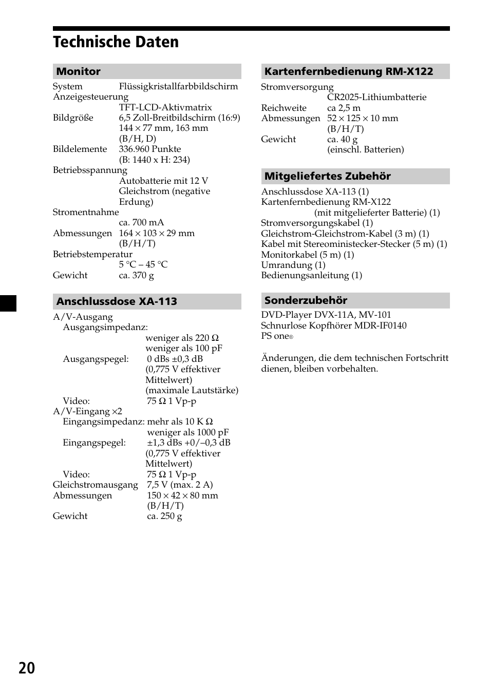 Technische daten, 20 technische daten | Sony XVM-H65 User Manual | Page 40 / 104