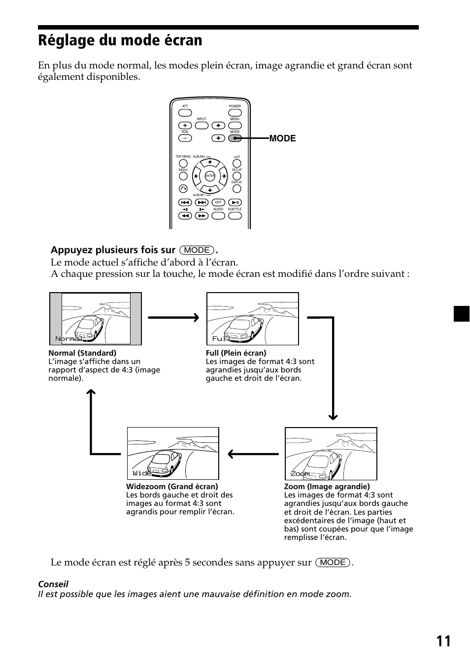 Réglage du mode écran, 11 réglage du mode écran, Mode | Sony XVM-H65 User Manual | Page 51 / 104