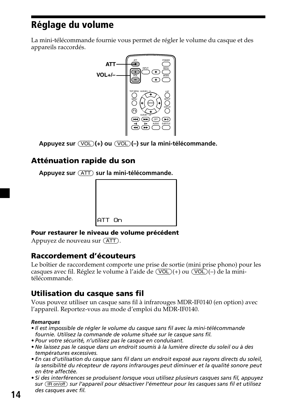 Réglage du volume, 14 réglage du volume, Atténuation rapide du son | Raccordement d’écouteurs, Utilisation du casque sans fil, Att vol | Sony XVM-H65 User Manual | Page 54 / 104