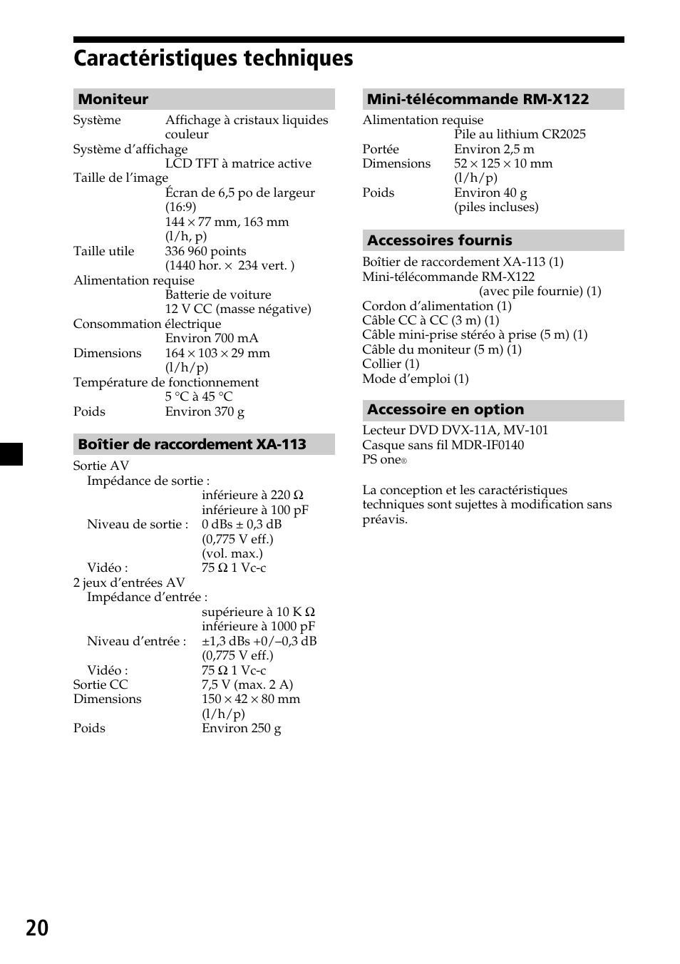 Caractéristiques techniques, 20 caractéristiques techniques | Sony XVM-H65 User Manual | Page 60 / 104