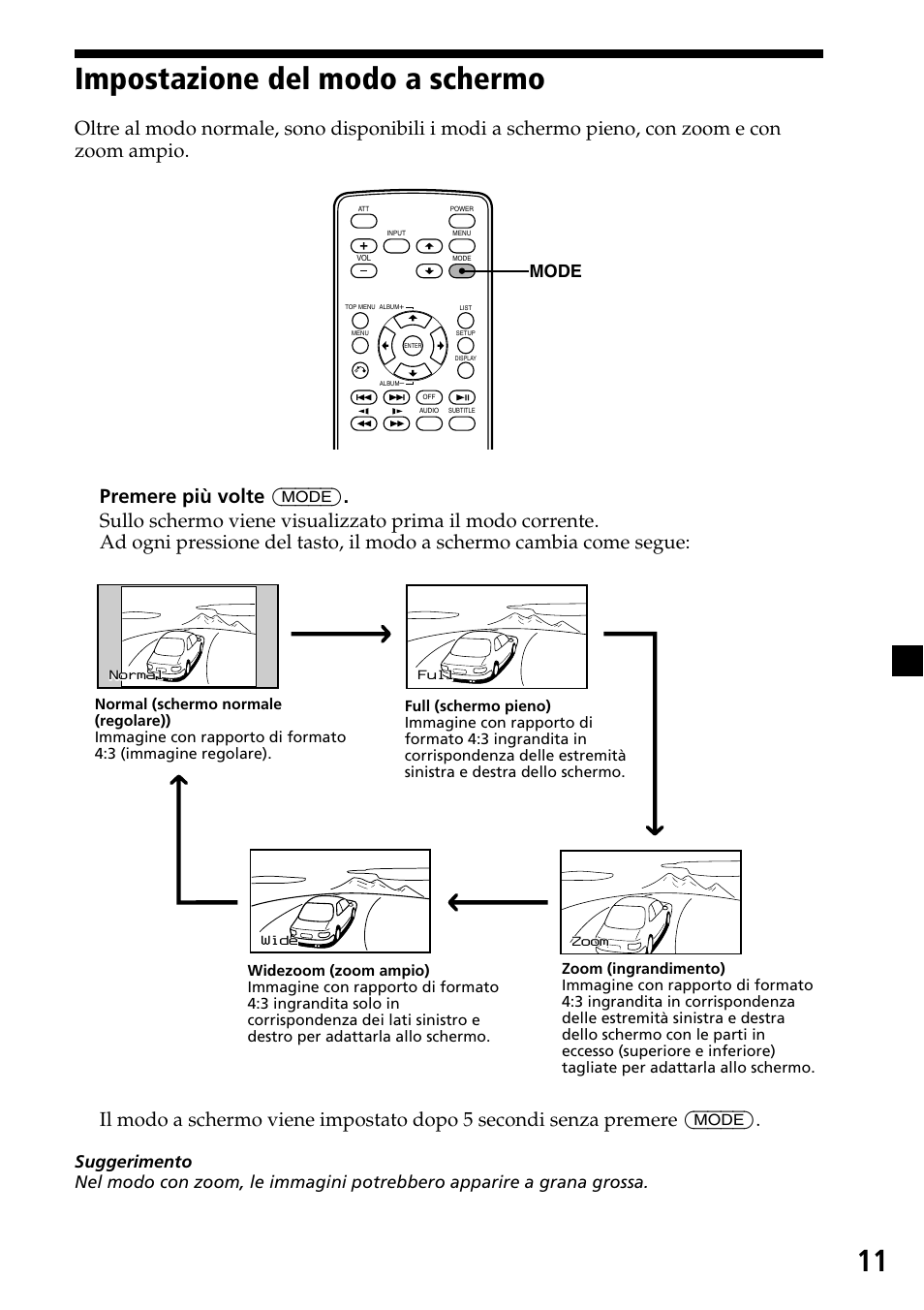 Impostazione del modo a schermo, Mode | Sony XVM-H65 User Manual | Page 71 / 104