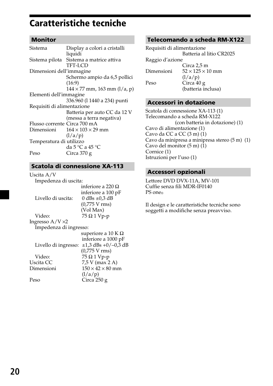 Caratteristiche tecniche, 20 caratteristiche tecniche | Sony XVM-H65 User Manual | Page 80 / 104