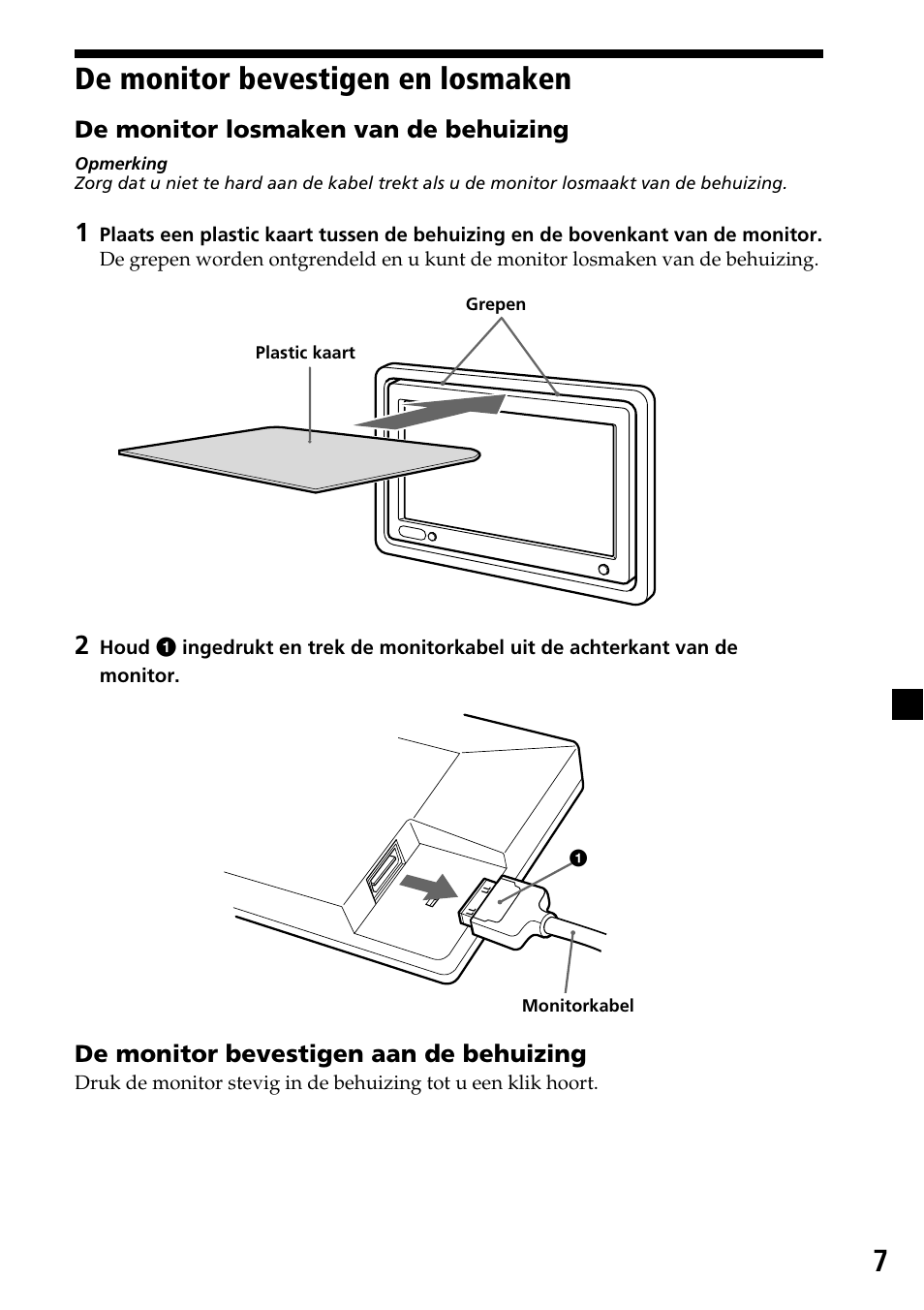 De monitor bevestigen en losmaken, 7de monitor bevestigen en losmaken | Sony XVM-H65 User Manual | Page 87 / 104