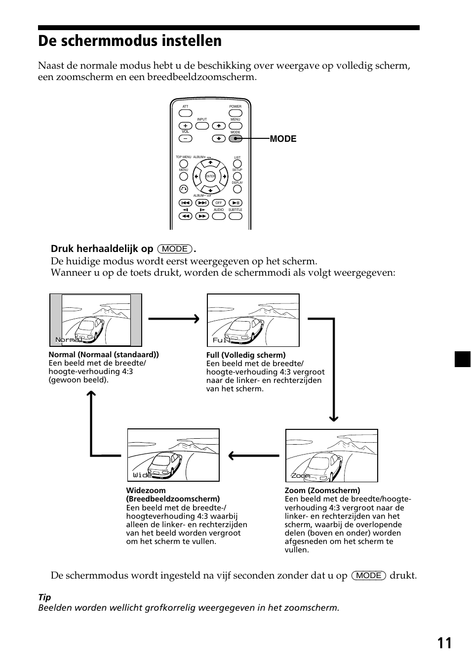 De schermmodus instellen, Mode | Sony XVM-H65 User Manual | Page 91 / 104