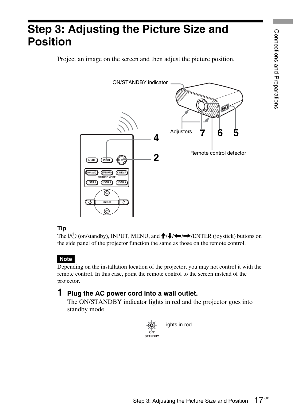 Step 3: adjusting the picture size and position | Sony Cineza VPL-HS50 User Manual | Page 17 / 68