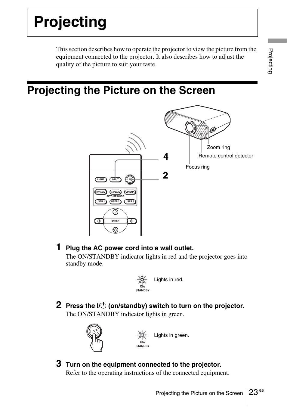 Projecting, Projecting the picture on the screen, Projecting the picture on the screen 23 | Sony Cineza VPL-HS50 User Manual | Page 23 / 68