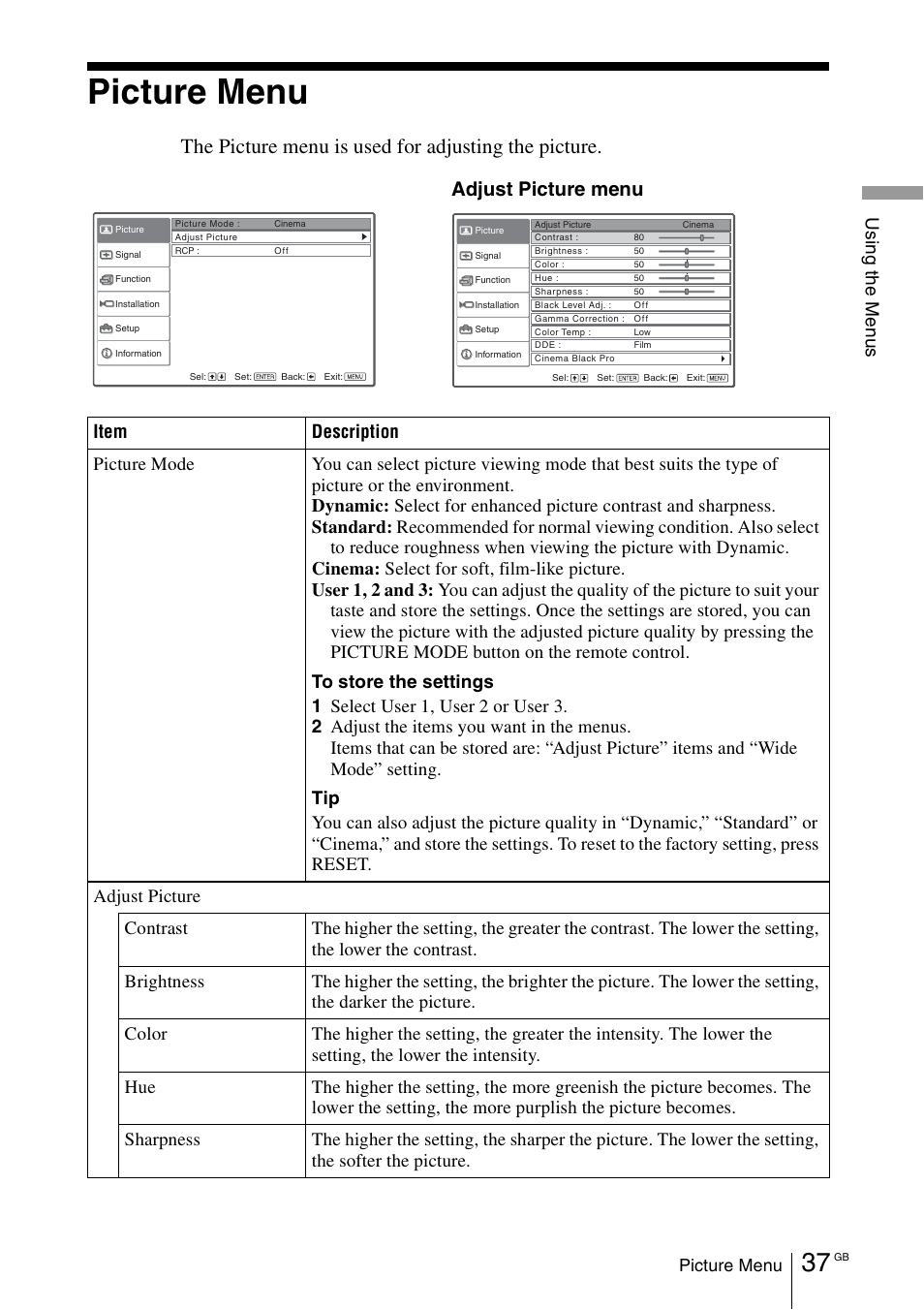 Picture menu, The picture menu is used for adjusting the picture, Adjust picture menu | Sony Cineza VPL-HS50 User Manual | Page 37 / 68