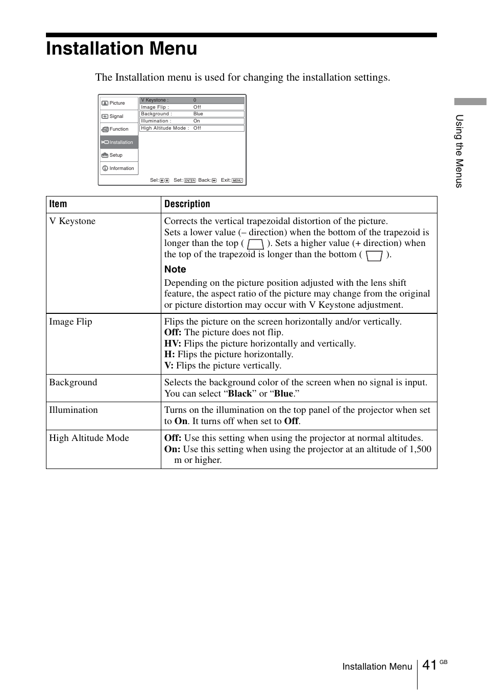 Installation menu | Sony Cineza VPL-HS50 User Manual | Page 41 / 68