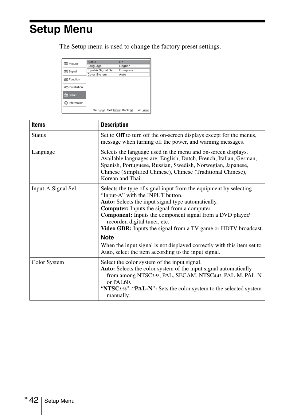 Setup menu, Pal, secam, ntsc, Pal-m, pal-n or pal60. “ ntsc | Sony Cineza VPL-HS50 User Manual | Page 42 / 68