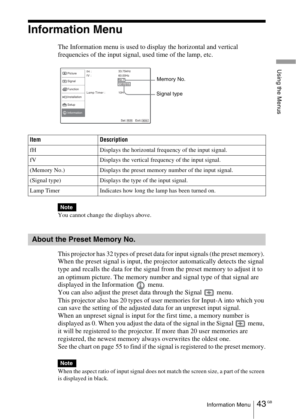 Information menu, About the preset memory no | Sony Cineza VPL-HS50 User Manual | Page 43 / 68