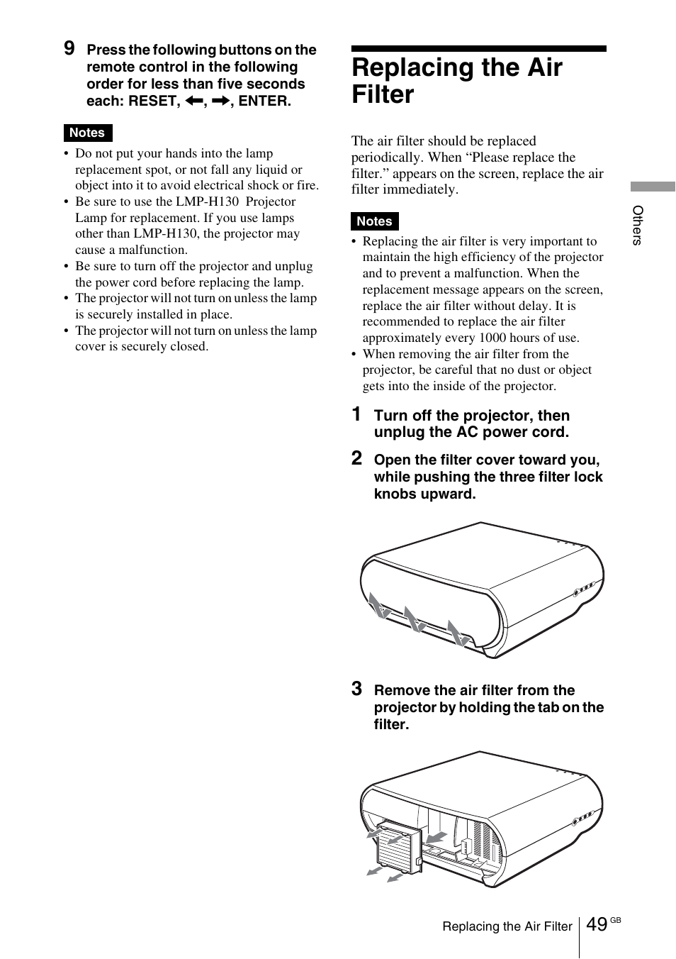 Replacing the air filter, D 49) | Sony Cineza VPL-HS50 User Manual | Page 49 / 68