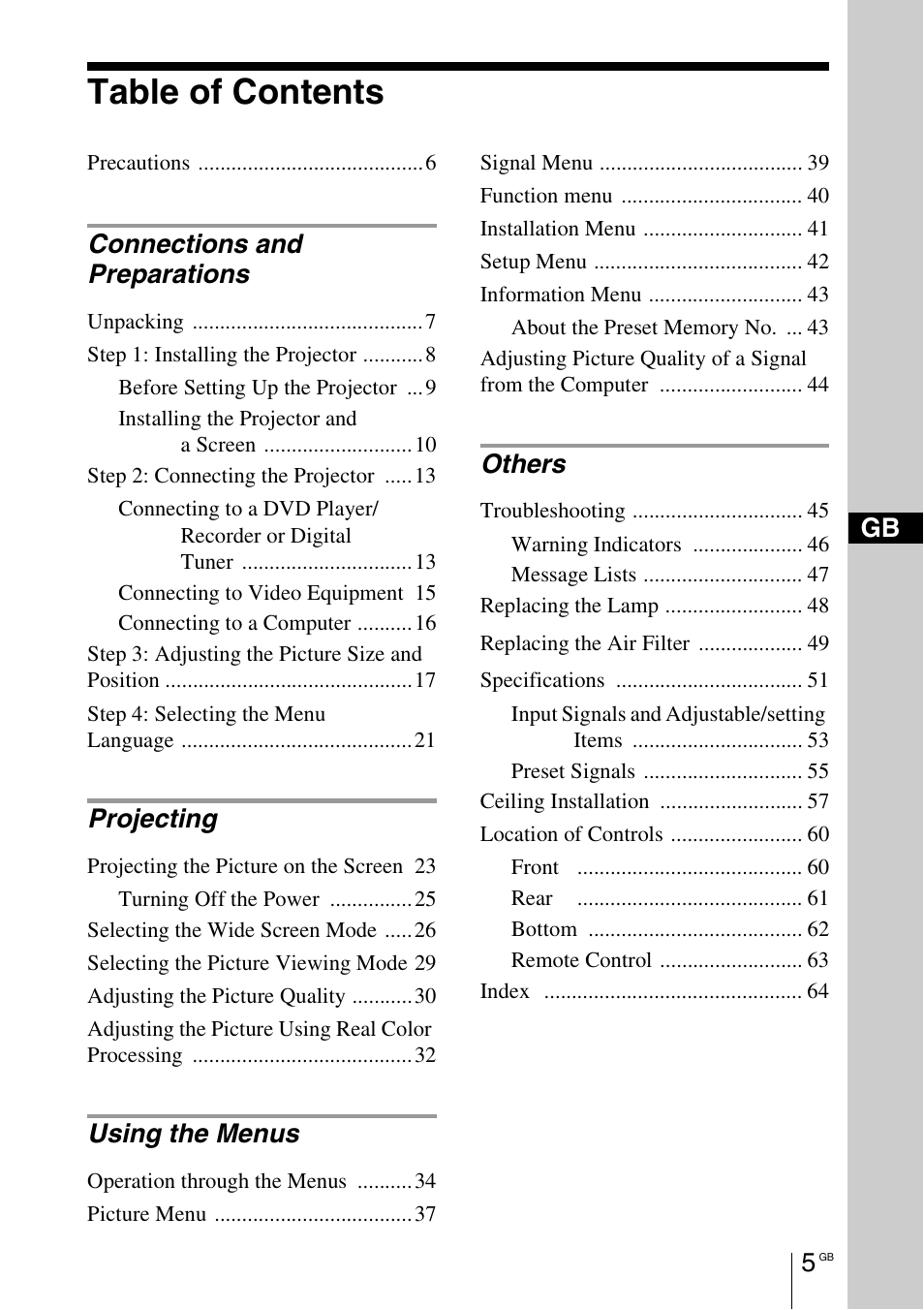 Sony Cineza VPL-HS50 User Manual | Page 5 / 68