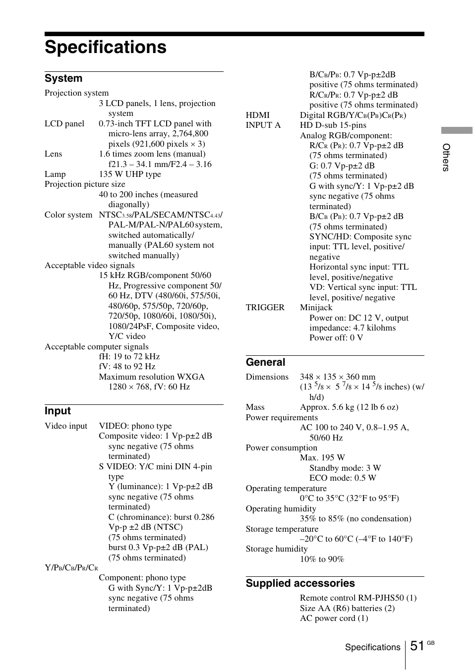 Specifications, System, Input | General, Supplied accessories | Sony Cineza VPL-HS50 User Manual | Page 51 / 68