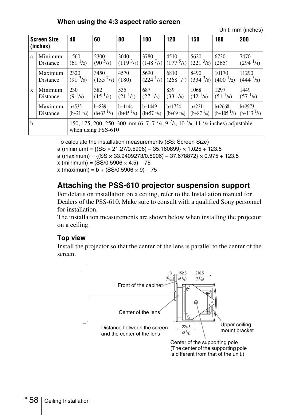 Attaching the pss-610 projector suspension support, When using the 4:3 aspect ratio screen | Sony Cineza VPL-HS50 User Manual | Page 58 / 68