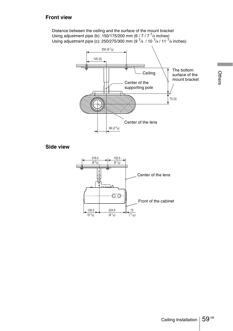 Front view side view, Oth e rs, Ceiling installation | Sony Cineza VPL-HS50 User Manual | Page 59 / 68