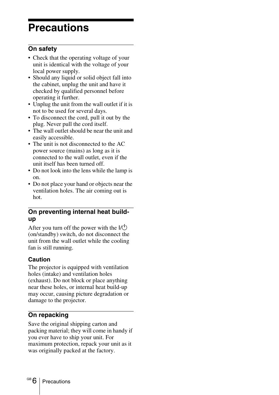 Precautions | Sony Cineza VPL-HS50 User Manual | Page 6 / 68