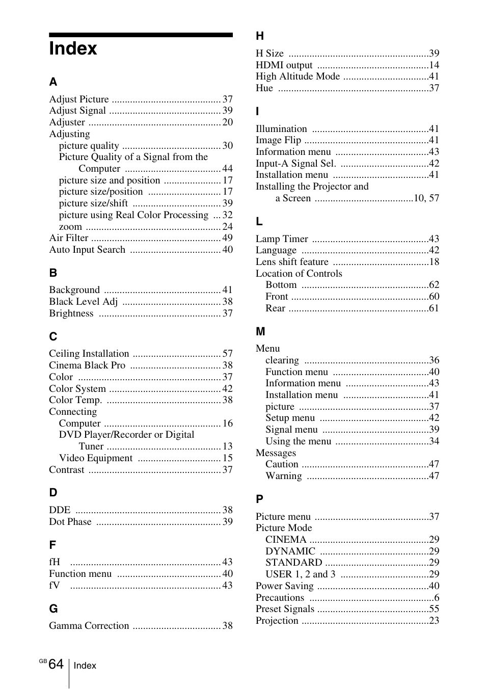 Index | Sony Cineza VPL-HS50 User Manual | Page 64 / 68