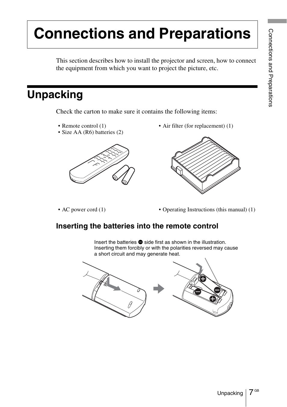 Connections and preparations, Unpacking | Sony Cineza VPL-HS50 User Manual | Page 7 / 68