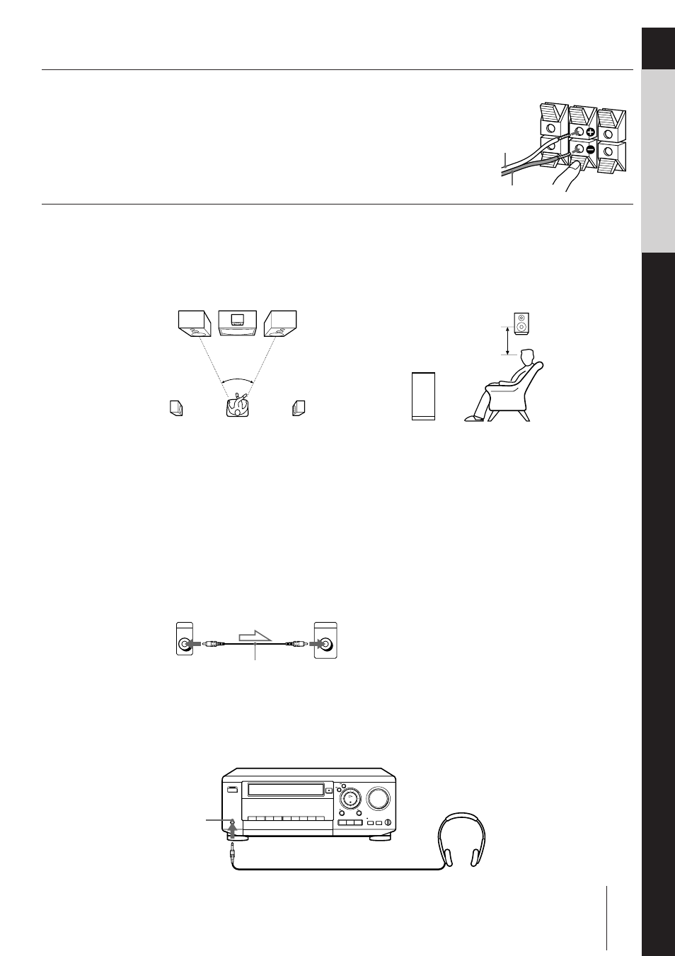 Placing the speakers, Connecting an active woofer, Listening through the headphones | Sony SLV-AV100UX User Manual | Page 9 / 90