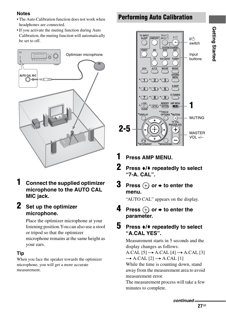 Performing auto calibration, Set up the optimizer microphone, Press amp menu | Press v / v repeatedly to select “7-a. cal, Press or b to enter the menu, Press or b to enter the parameter, Press v / v repeatedly to select “a.cal yes | Sony 3-284-083-41(1) User Manual | Page 27 / 72