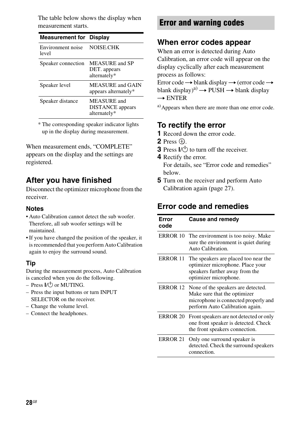 Error and warning codes, After you have finished, When error codes appear | Error code and remedies | Sony 3-284-083-41(1) User Manual | Page 28 / 72