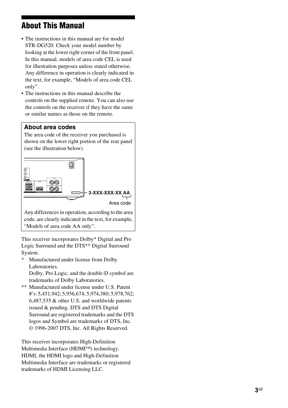 About this manual, About area codes | Sony 3-284-083-41(1) User Manual | Page 3 / 72