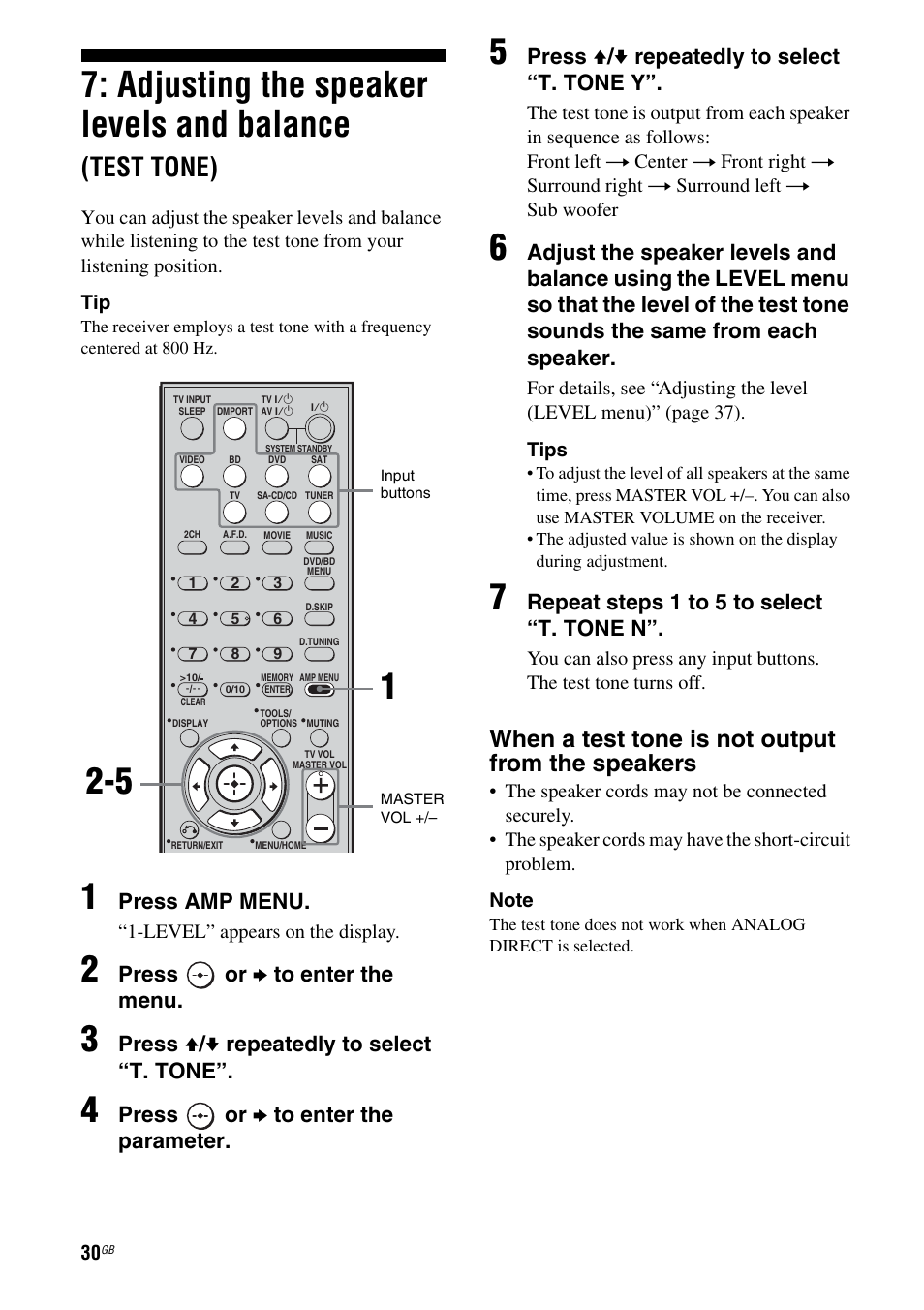 Adjusting the speaker levels and, Balance (test tone), Age 30 | Adjusting the speaker levels and balance, Test tone), When a test tone is not output from the speakers, Press amp menu, Press or b to enter the menu, Press v / v repeatedly to select “t. tone, Press or b to enter the parameter | Sony 3-284-083-41(1) User Manual | Page 30 / 72