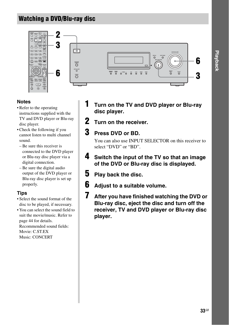 Watching a dvd/blu-ray disc, Turn on the receiver, Press dvd or bd | Play back the disc, Adjust to a suitable volume, Play b a ck, Tips | Sony 3-284-083-41(1) User Manual | Page 33 / 72