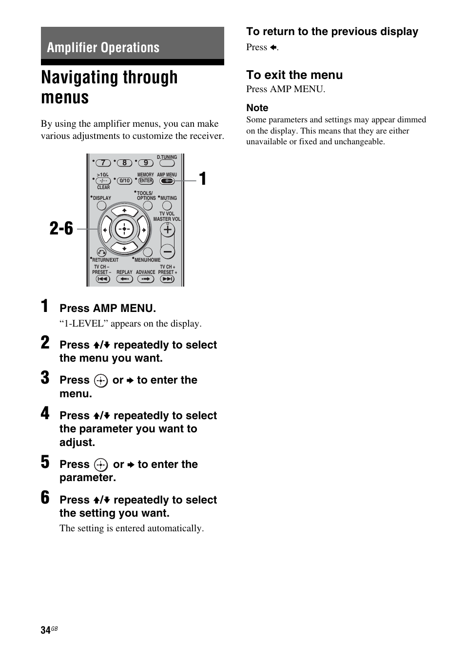 Amplifier operations, Navigating through menus | Sony 3-284-083-41(1) User Manual | Page 34 / 72