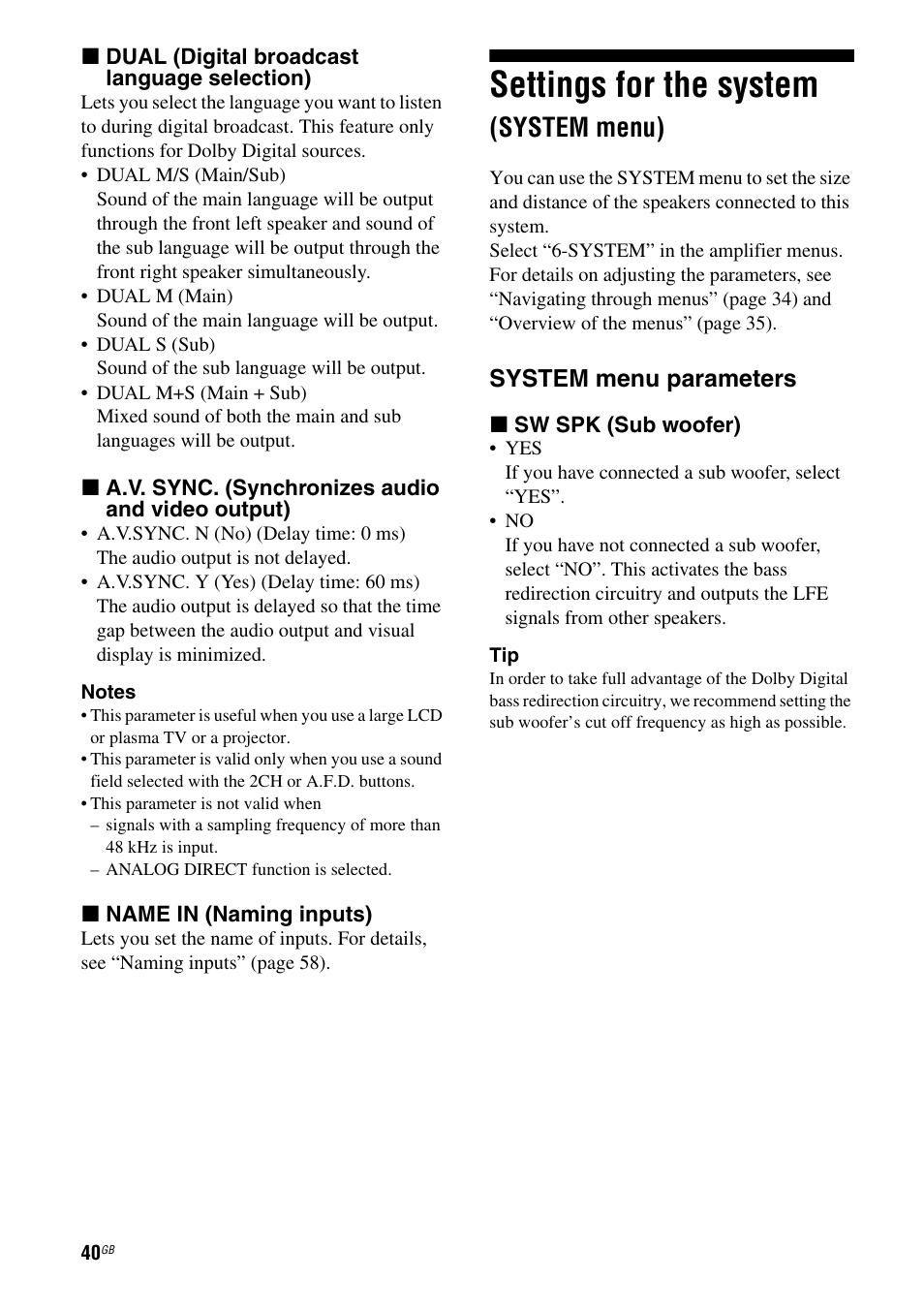 Settings for the system (system menu), Settings for the system, System menu) | System menu parameters | Sony 3-284-083-41(1) User Manual | Page 40 / 72