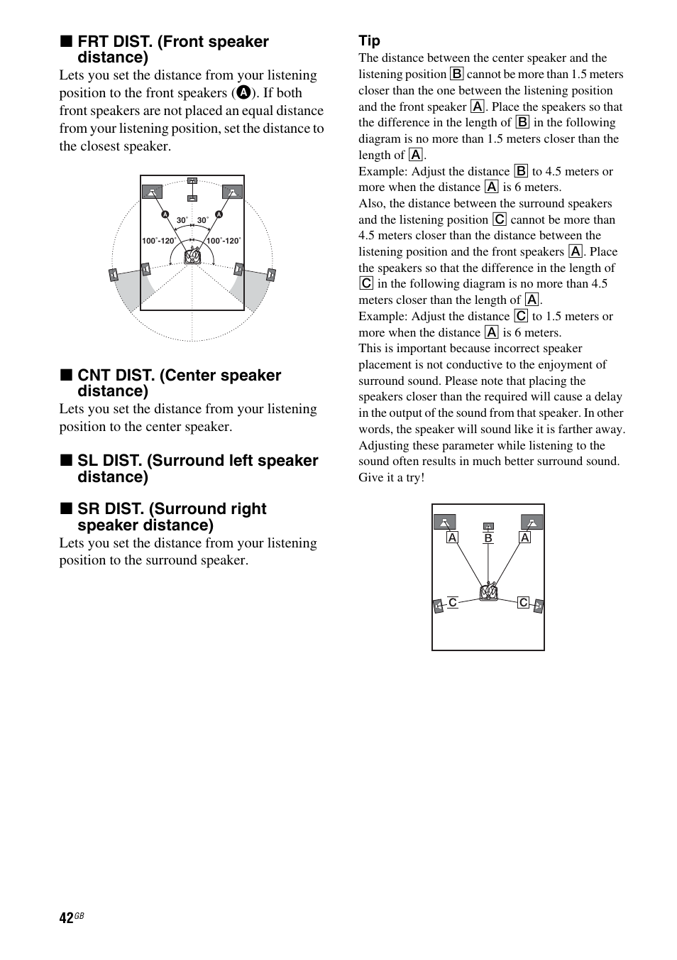 X frt dist. (front speaker distance), X cnt dist. (center speaker distance) | Sony 3-284-083-41(1) User Manual | Page 42 / 72