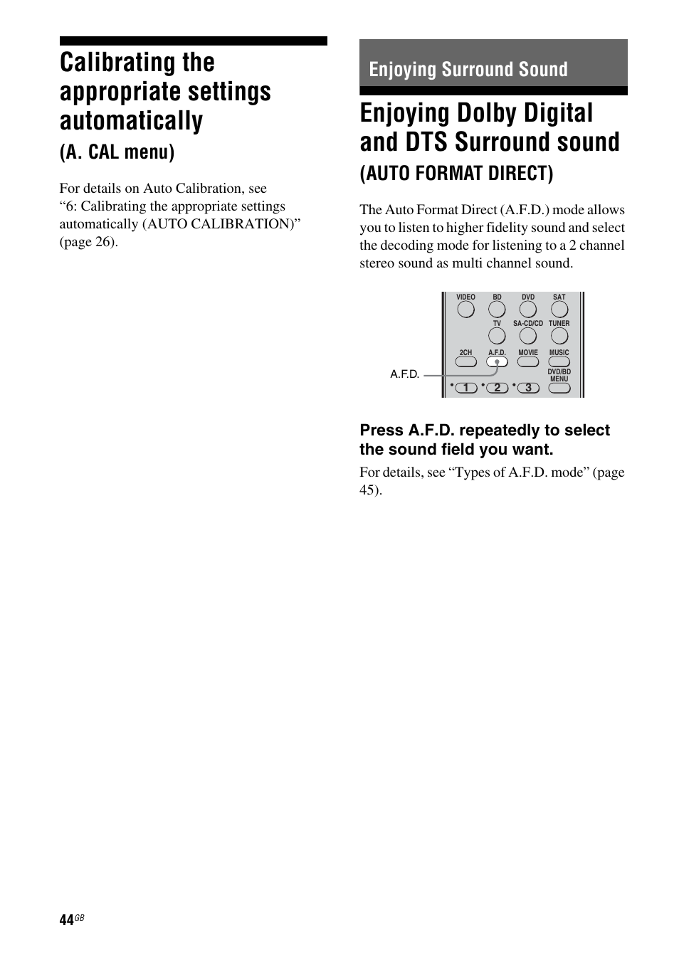 Enjoying surround sound, Calibrating the appropriate settings, Automatically (a. cal menu) | Enjoying dolby digital and dts surround, Sound (auto format direct), Calibrating the appropriate settings automatically, Enjoying dolby digital and dts surround sound, A. cal menu), Auto format direct) | Sony 3-284-083-41(1) User Manual | Page 44 / 72