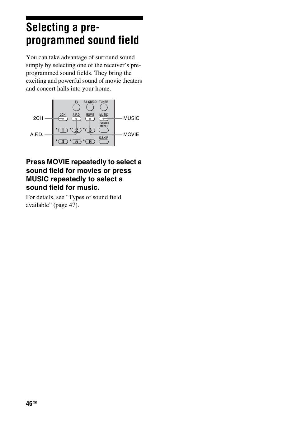 Selecting a pre- programmed sound field, Selecting a pre-programmed sound field | Sony 3-284-083-41(1) User Manual | Page 46 / 72