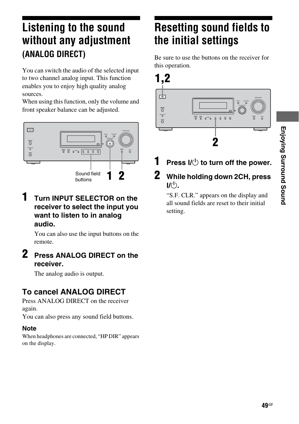 Resetting sound fields to the initial settings, Listening to the sound without any, Adjustment (analog direct) | Resetting sound fields to the initial, Settings, Listening to the sound without any adjustment, Analog direct), Press analog direct on the receiver, Press ? / 1 to turn off the power, While holding down 2ch, press ? / 1 | Sony 3-284-083-41(1) User Manual | Page 49 / 72