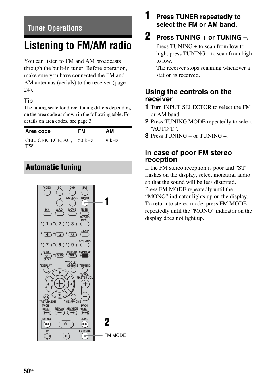 Tuner operations, Listening to fm/am radio, Automatic tuning | Using the controls on the receiver, Press tuner repeatedly to select the fm or am band, Press tuning + or tuning, Turn input selector to select the fm or am band, Press tuning mode repeatedly to select “auto t | Sony 3-284-083-41(1) User Manual | Page 50 / 72