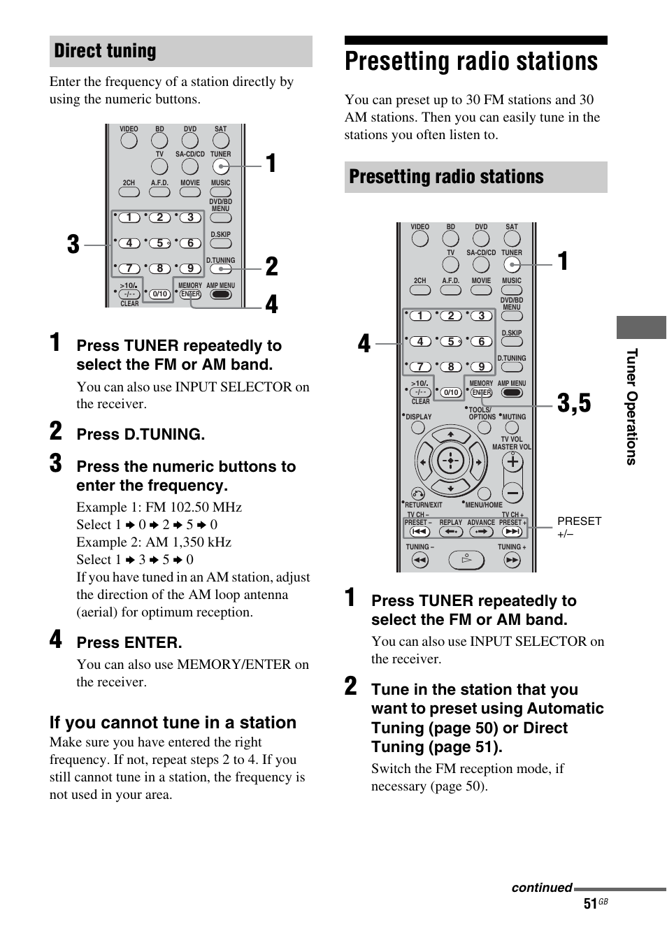 Presetting radio stations, Direct tuning, If you cannot tune in a station | Press tuner repeatedly to select the fm or am band, Press d.tuning, Press the numeric buttons to enter the frequency, Press enter | Sony 3-284-083-41(1) User Manual | Page 51 / 72