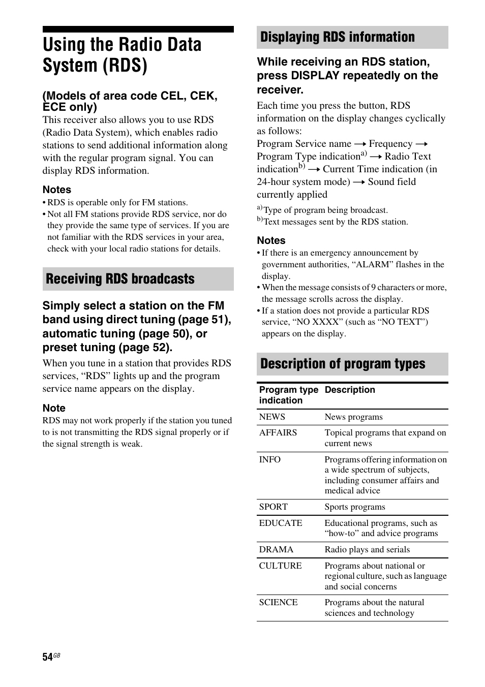 Using the radio data system (rds), Models of area code cel, cek, ece only), Age 54 | Sony 3-284-083-41(1) User Manual | Page 54 / 72