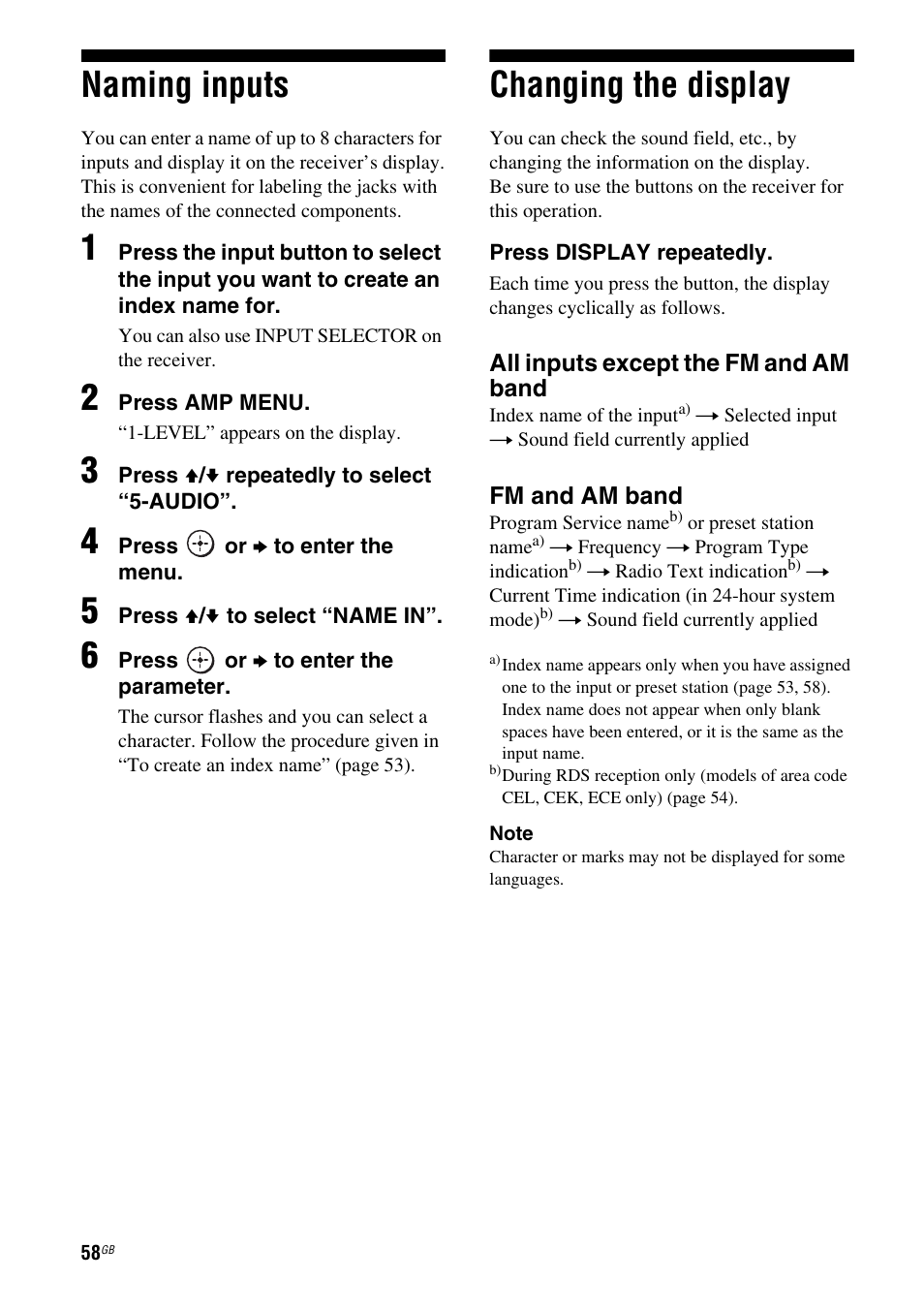 Naming inputs, Changing the display, Naming inputs changing the display | See “naming inputs | Sony 3-284-083-41(1) User Manual | Page 58 / 72