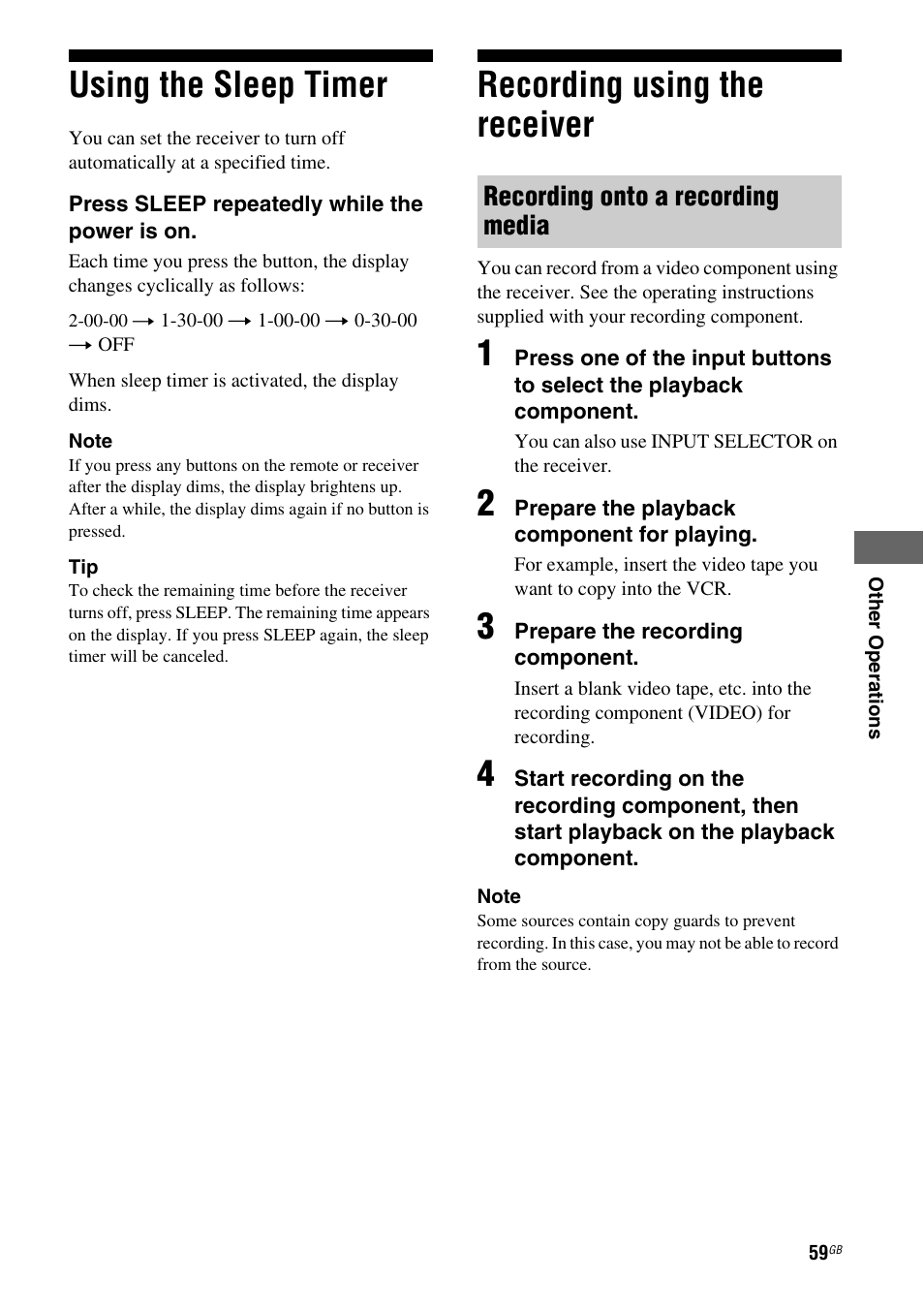 Using the sleep timer, Recording using the receiver, Using the sleep timer recording using the receiver | Recording onto a recording media | Sony 3-284-083-41(1) User Manual | Page 59 / 72