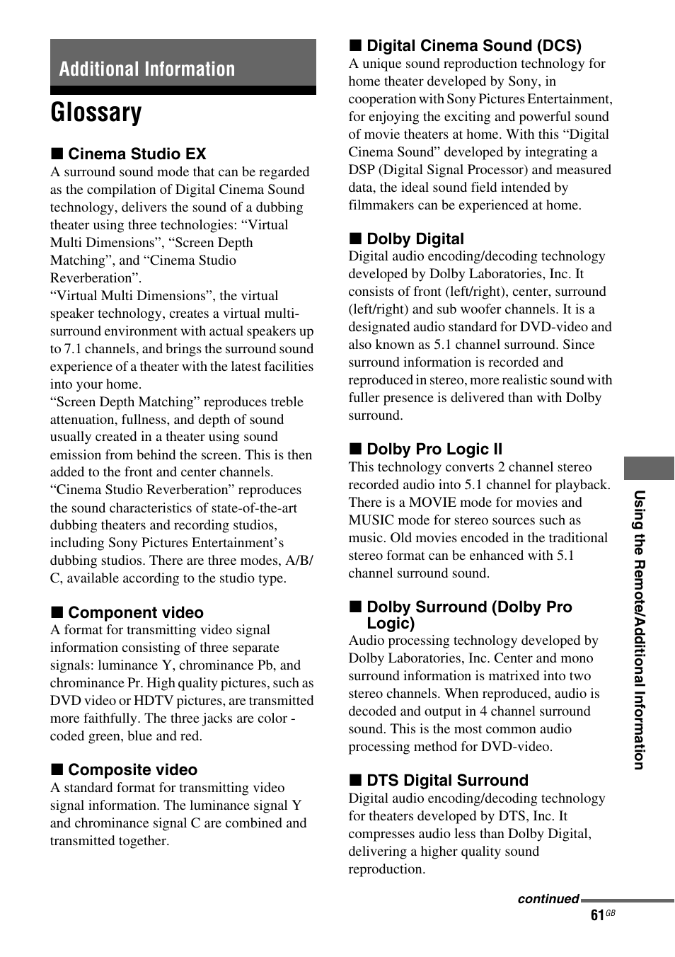 Additional information, Glossary | Sony 3-284-083-41(1) User Manual | Page 61 / 72