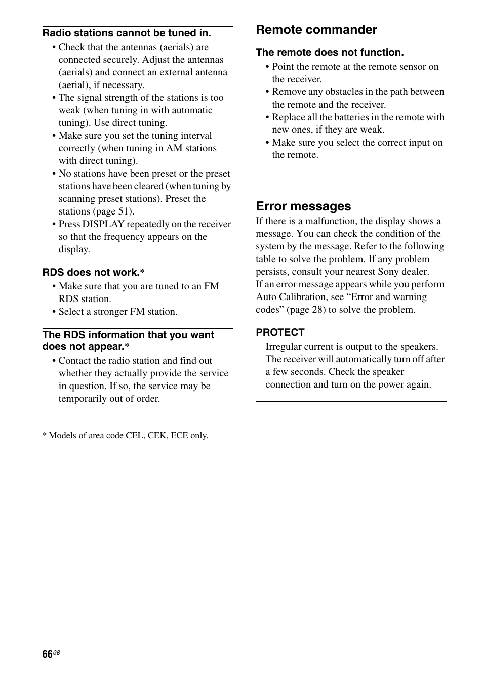 Remote commander, Error messages | Sony 3-284-083-41(1) User Manual | Page 66 / 72