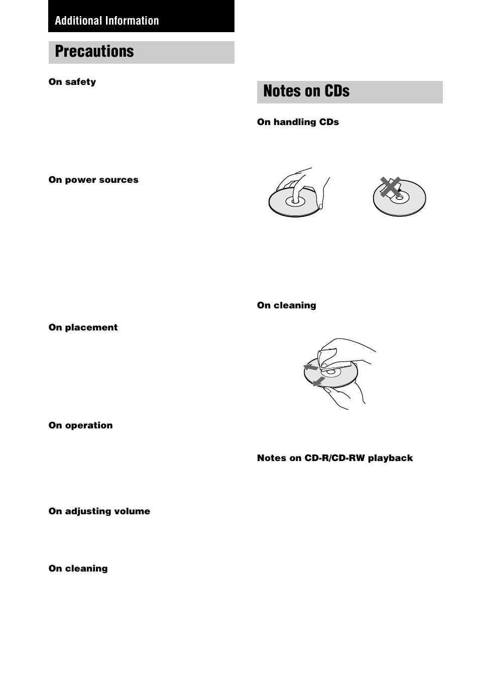 Precautions, Additional information | Sony CDP-CE275 User Manual | Page 14 / 16