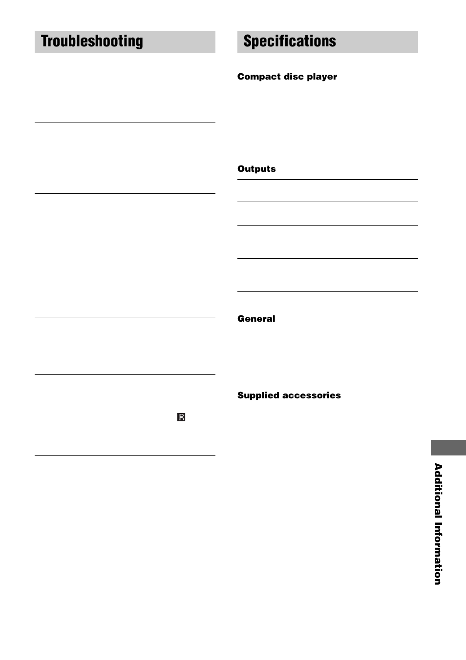 Troubleshooting, Specifications | Sony CDP-CE275 User Manual | Page 15 / 16