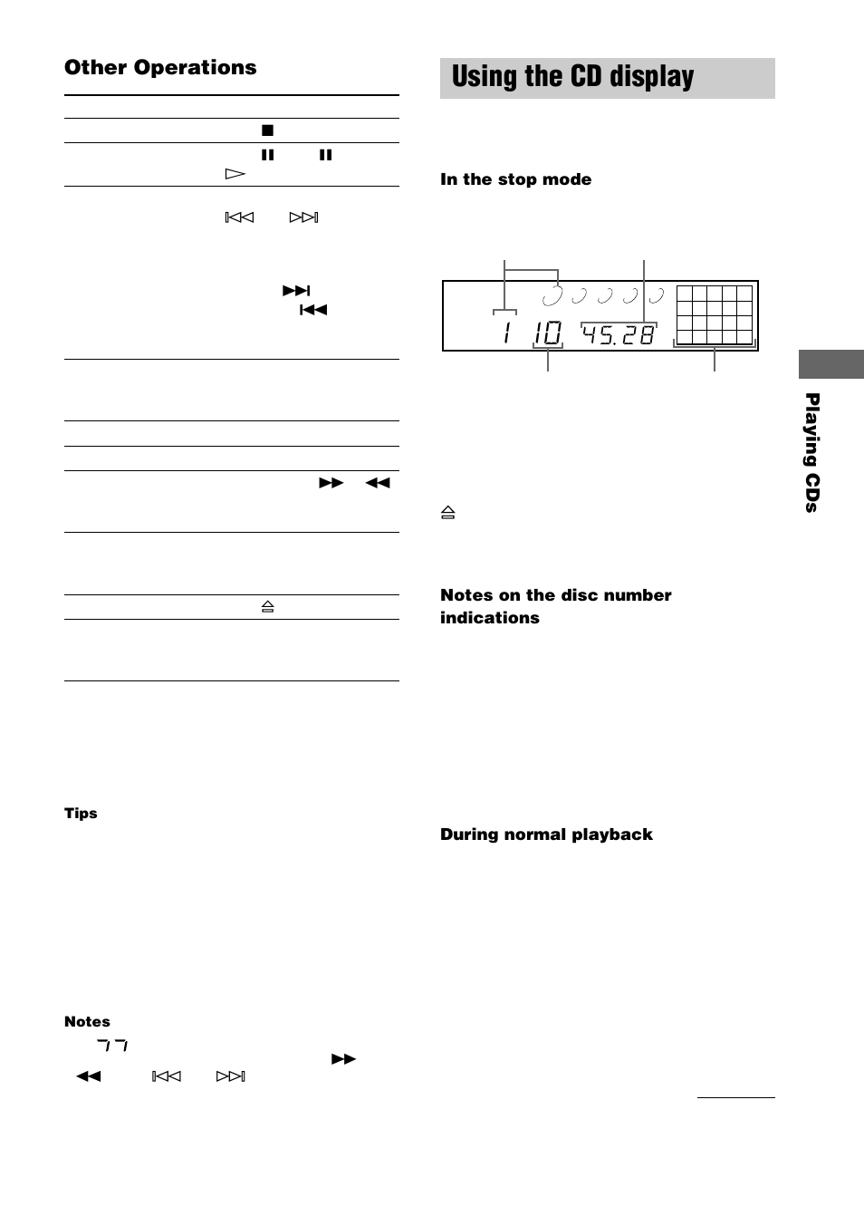 Using the cd display, Other operations, Playing cds | Sony CDP-CE275 User Manual | Page 9 / 16