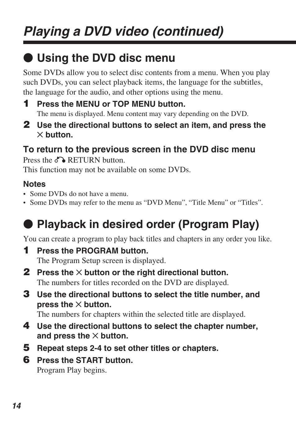 Playing a dvd video (continued), Z using the dvd disc menu, Z playback in desired order (program play) | Sony SCPH-10420 U User Manual | Page 14 / 112