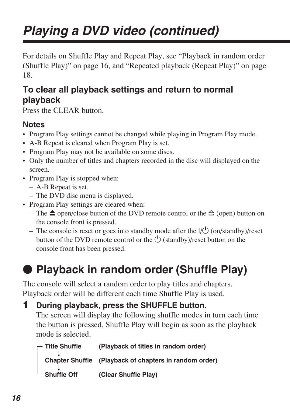 Playing a dvd video (continued), Z playback in random order (shuffle play) | Sony SCPH-10420 U User Manual | Page 16 / 112