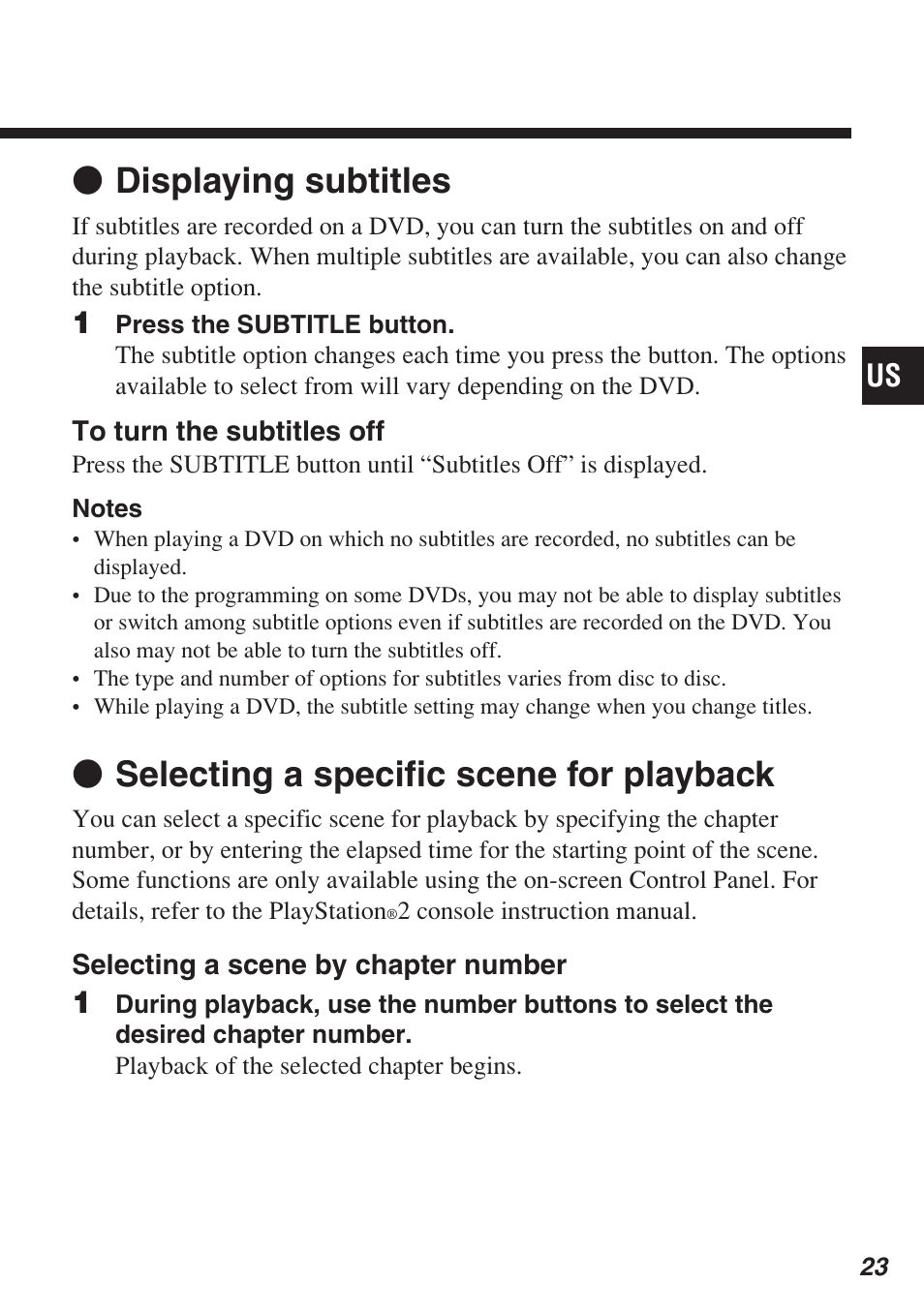 Z displaying subtitles, Z selecting a specific scene for playback | Sony SCPH-10420 U User Manual | Page 23 / 112