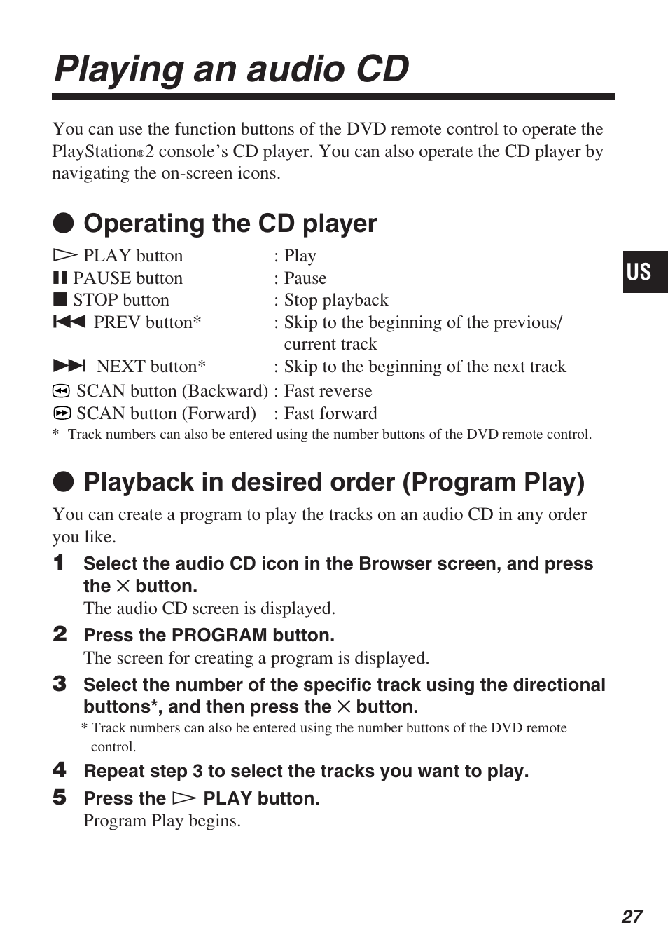 Playing an audio cd, Z operating the cd player, Z playback in desired order (program play) | Sony SCPH-10420 U User Manual | Page 27 / 112