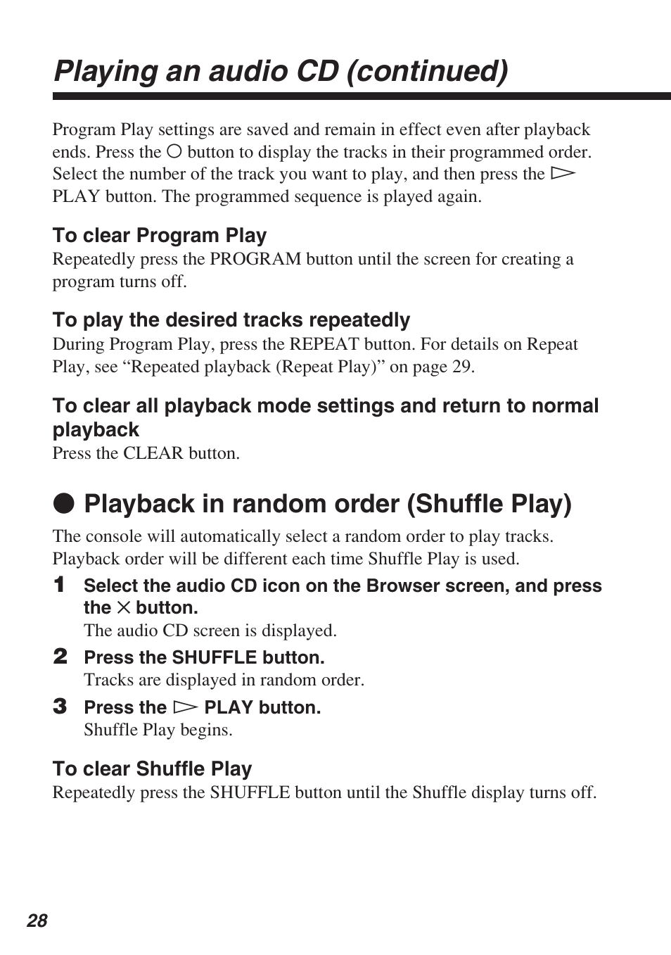 Playing an audio cd (continued), Z playback in random order (shuffle play) | Sony SCPH-10420 U User Manual | Page 28 / 112